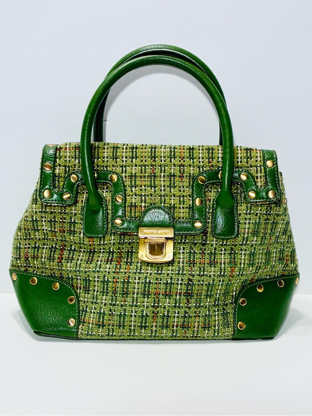 Vintage Y2K Franco Sarto Green Tweed Studded Satchel Handbag 12x8